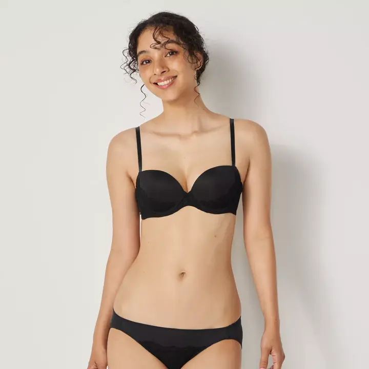 Daily AMOSTYLE スムースブラ ブラ＆ショーツセット (コンフィーレース), ブラック, model image number 2