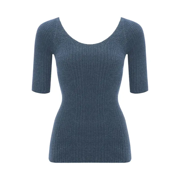 【SALE】スロギー ニット無地リブ 5分丈インナートップ, ブルー, product image number 0