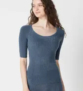 【SALE】スロギー ニット無地リブ 5分丈インナートップ, ブルー, model image number 0