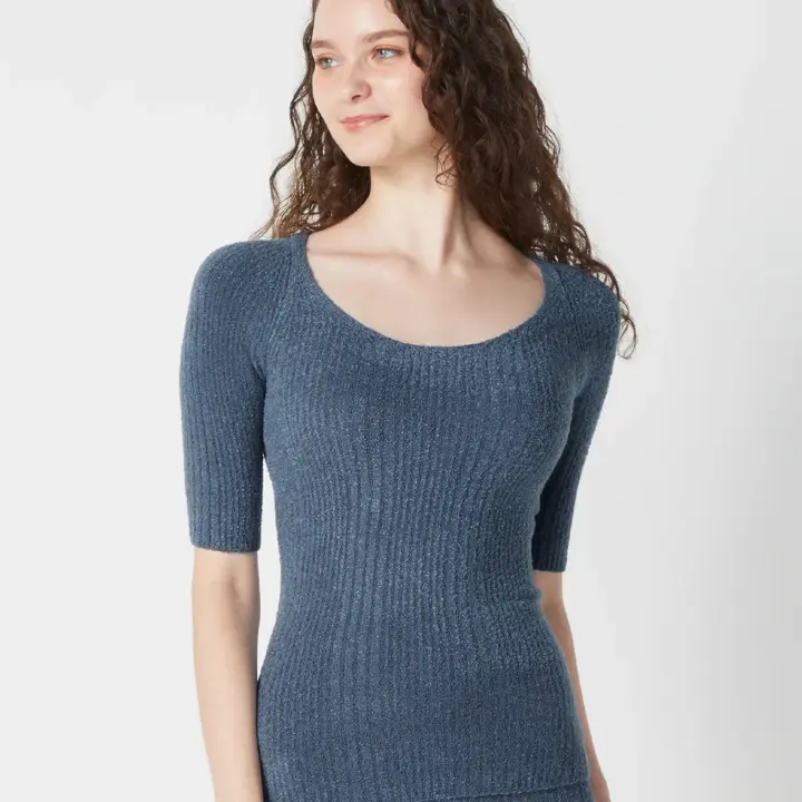 【SALE】スロギー ニット無地リブ 5分丈インナートップ, ブルー, model image number 0