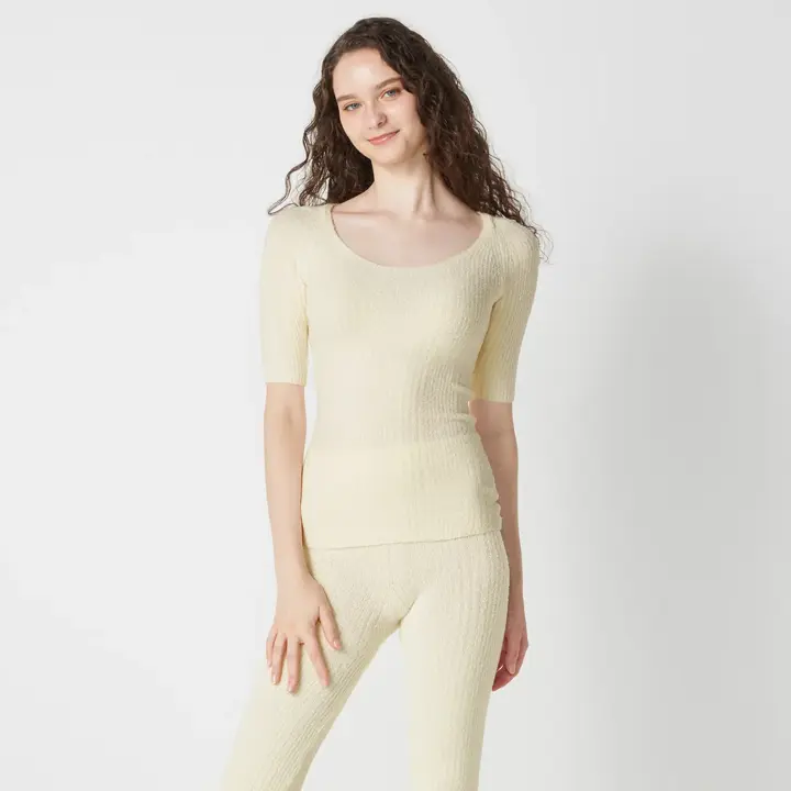 【SALE】スロギー ニット無地リブ 5分丈インナートップ, ホワイト, model image number 1