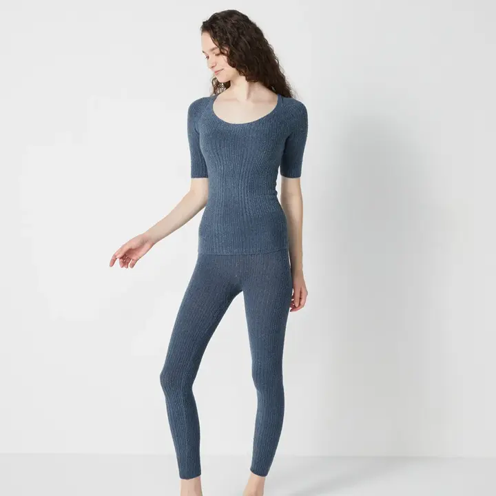 【SALE】スロギー ニット無地リブ 5分丈インナートップ, ブルー, model image number 2