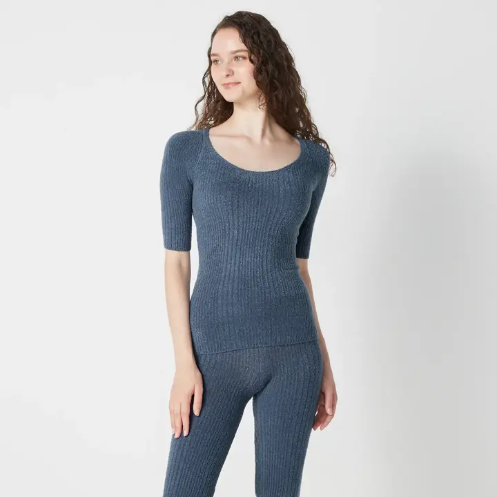 【SALE】スロギー ニット無地リブ 5分丈インナートップ, ブルー, model image number 1