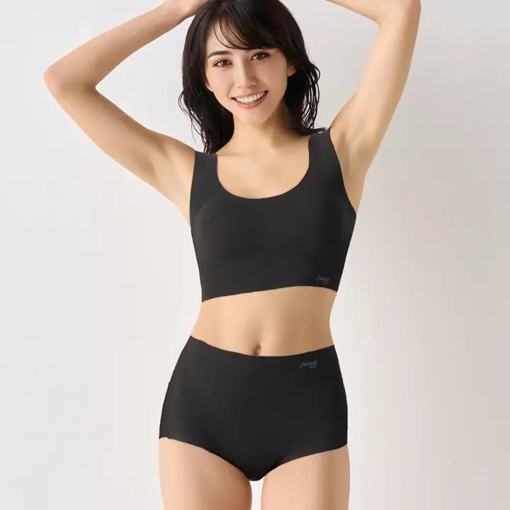 【WEB限定】綿混タイプ(スロギーG028)　カップ付きハーフトップ, ブラック, model image number 1