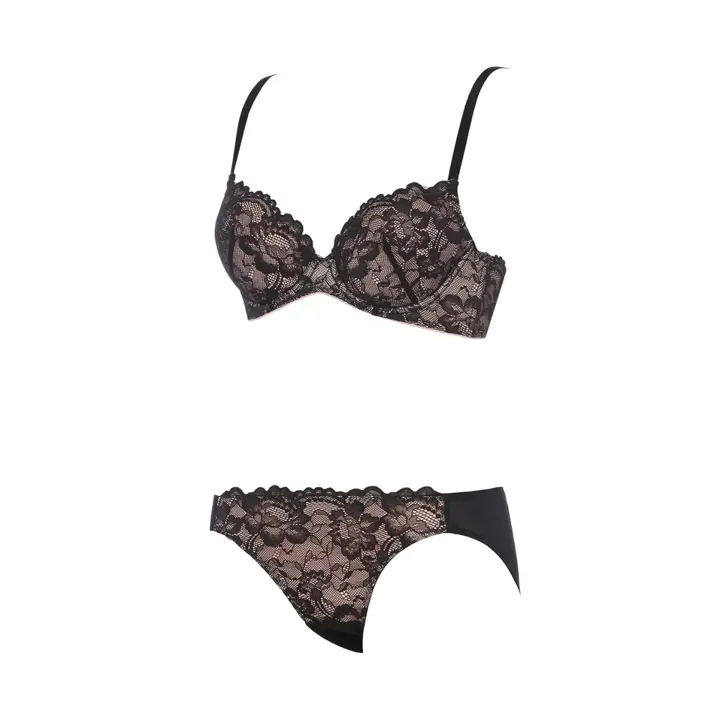 Daily AMOSTYLE 3/4カップブラ ブラ＆ショーツセット レイシーブルーム【一部カラーSALE】, ブラック, product image number 3